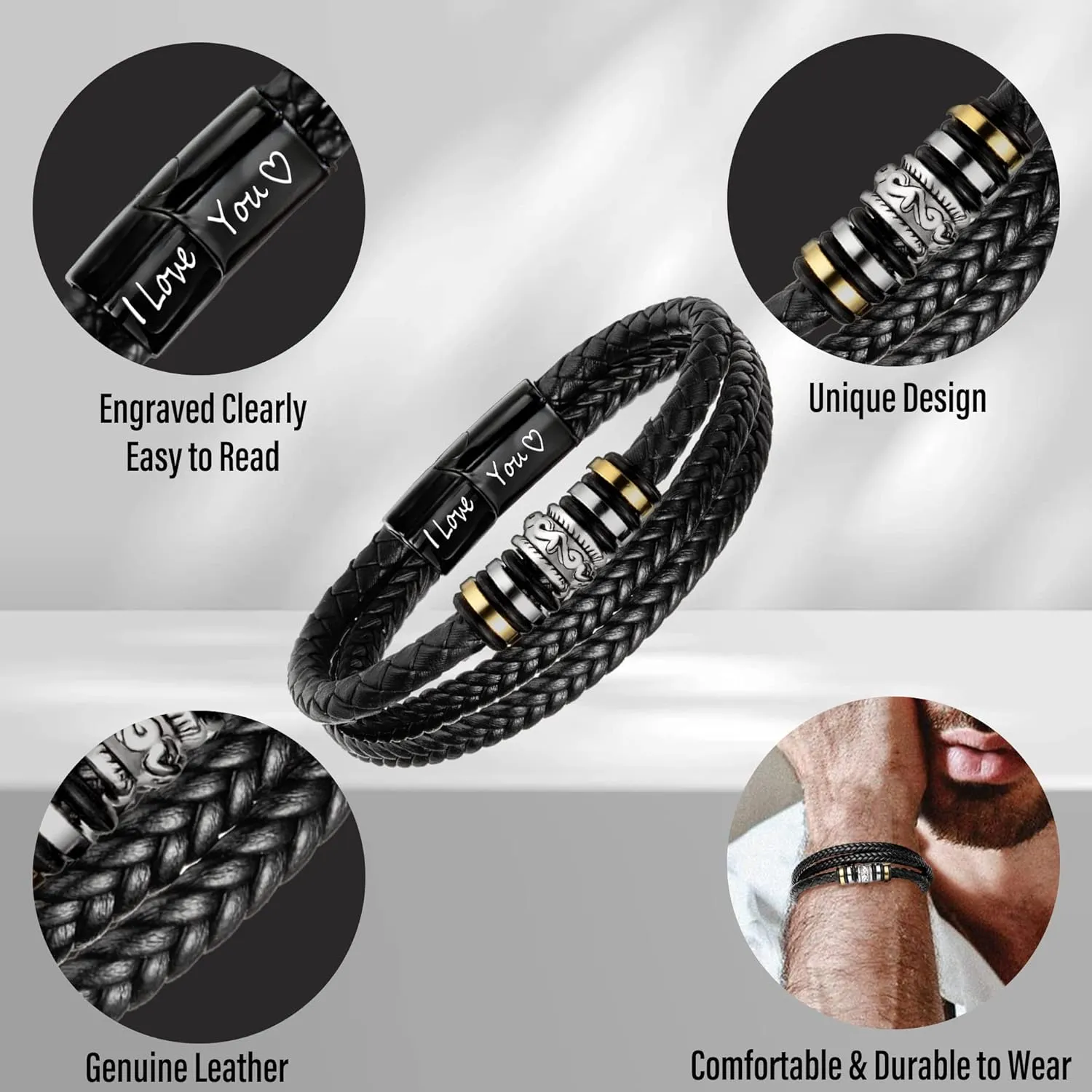 Leather Bracelets for Men I Love You Gifts for Him Father's Day Gifts for Men Bracelet Birthday Gifts for Dad Son Boyfriend Husband Graduation Gifts for Him 2023 Braided Engraved Wedding Anniversary Christmas Jewelry