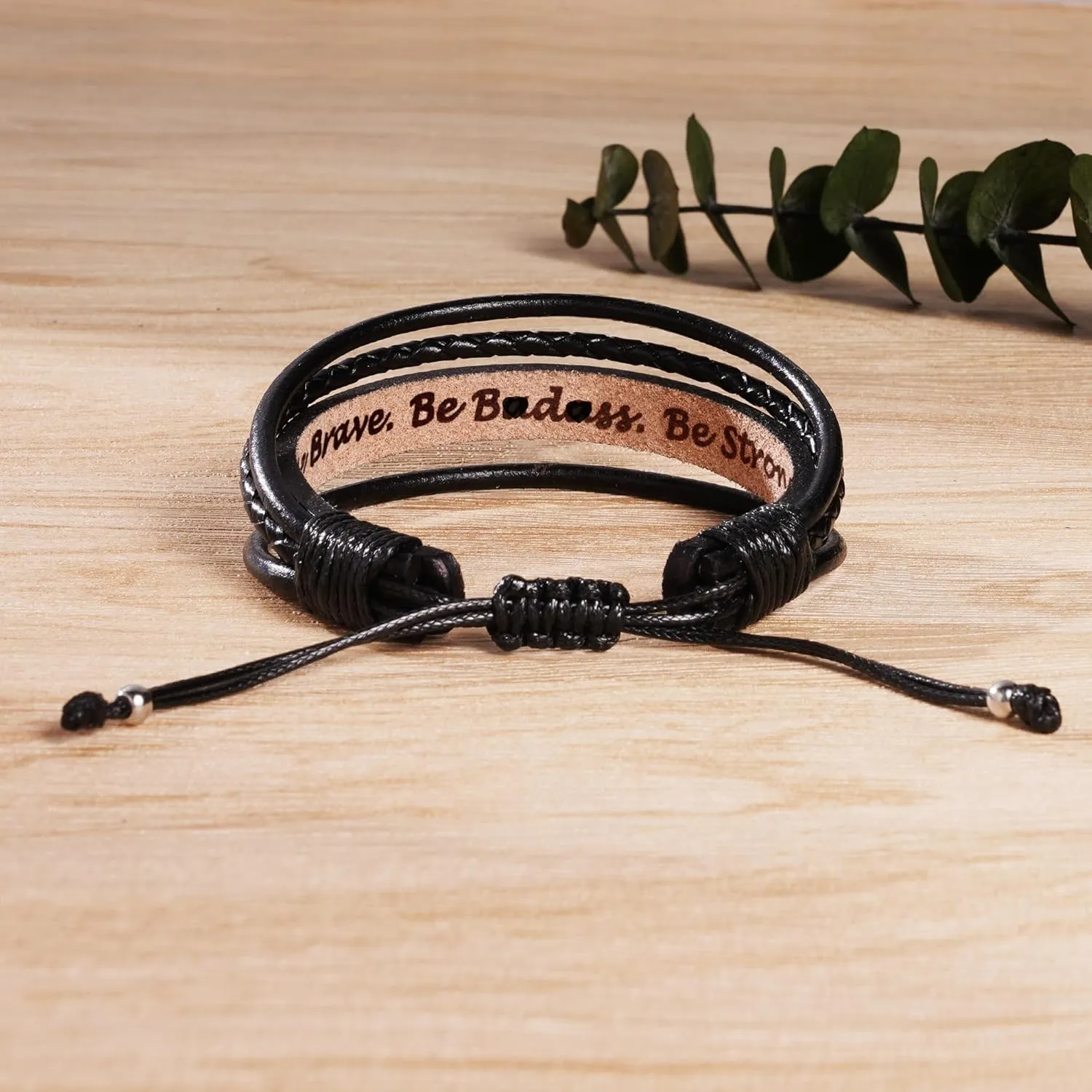 Leather Bracelets for Men Women Inspirational Gifts for Him Her Handmade Black Braided Motivational Birthday Gift for Boyfriend Husband Dad Anniversary Christmas Mens Stocking Stuffers