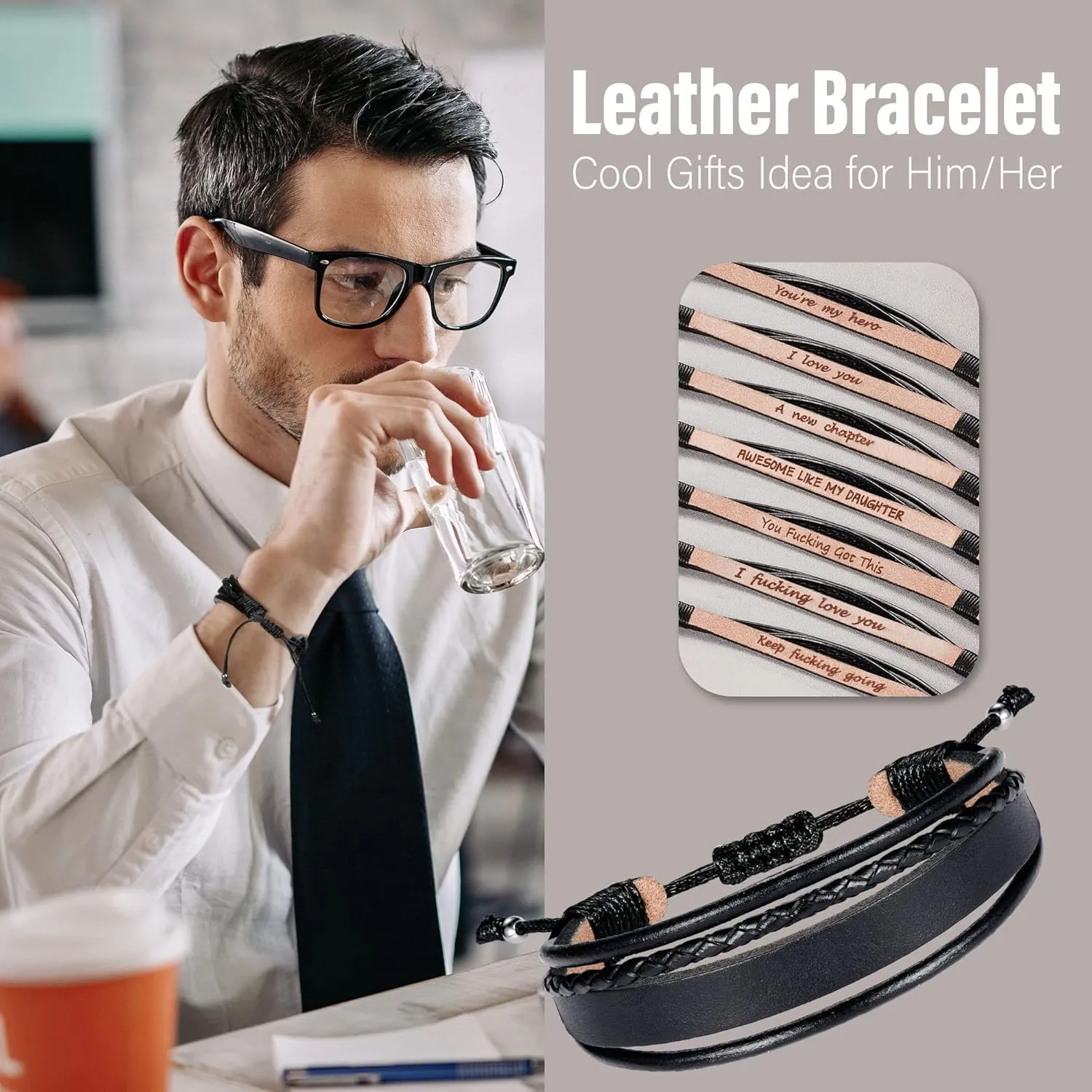 Leather Bracelets for Men Women Inspirational Gifts for Him Her Handmade Black Braided Motivational Birthday Gift for Boyfriend Husband Dad Anniversary Christmas Mens Stocking Stuffers