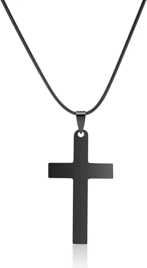 Leather Rope Chain Stainless Steel Black Cross Pendant Necklace for Men or Women
