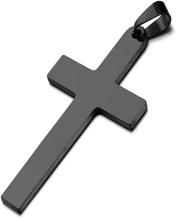 Leather Rope Chain Stainless Steel Black Cross Pendant Necklace for Men or Women