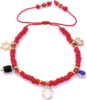 LESLIE BOULES Saint Benedict Protection Red Bracelet for Women Lucky Multi Charms & Genuine Azabache Pendant