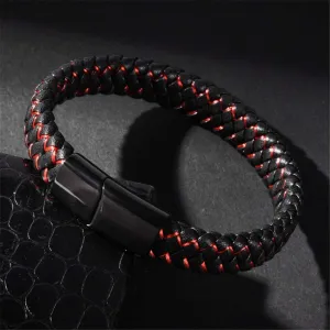 LF His Her Stainless Steel Personalized Leather Bracelets Name Date Custom Black Red Braided Leather Customized Cuff Bracelets for Men Women,Customised Gift for Couples,Free Engraving