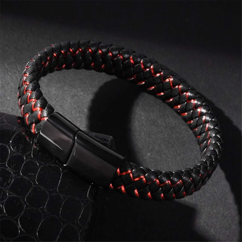 LF His Her Stainless Steel Personalized Leather Bracelets Name Date Custom Black Red Braided Leather Customized Cuff Bracelets for Men Women,Customised Gift for Couples,Free Engraving