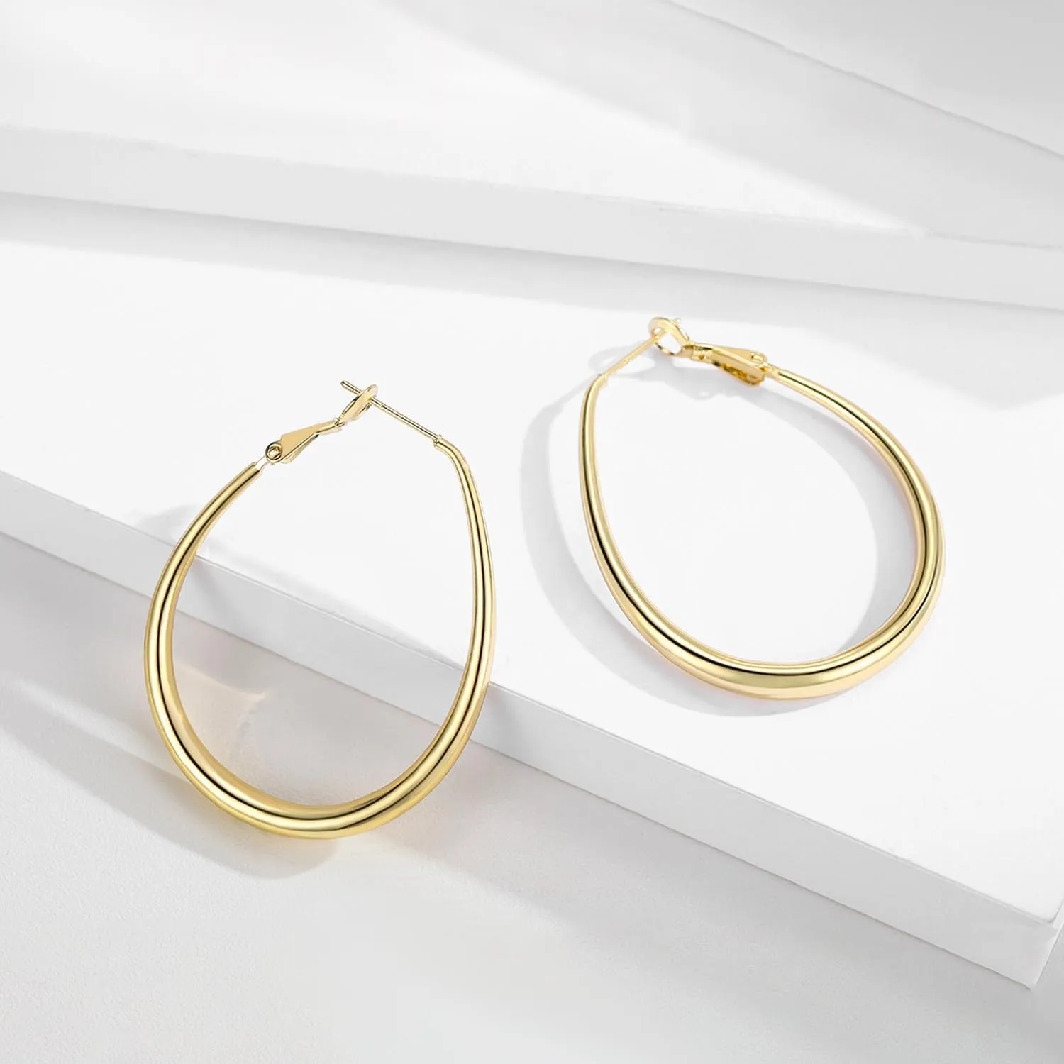 Lightweight Oval Hoop Earrings for Women - 14K Gold Plated, Rose Gold Plated and Sterling Silver Plated Large Oblong Hoop Earrings for Women Statement Jewelry Gift