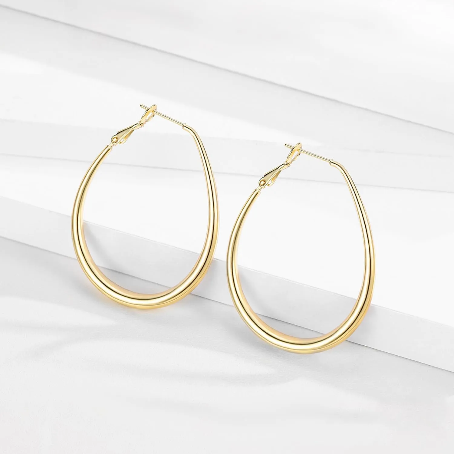 Lightweight Oval Hoop Earrings for Women - 14K Gold Plated, Rose Gold Plated and Sterling Silver Plated Large Oblong Hoop Earrings for Women Statement Jewelry Gift
