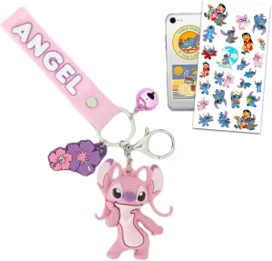 Lilo and Stitch Angel Keychain Bundle - Deluxe Silicone 3D Character Figure Angel Keyring with Strap, Charm, Bell Plus Stickers, More | Angel from Stitch Key Ring for Backpack