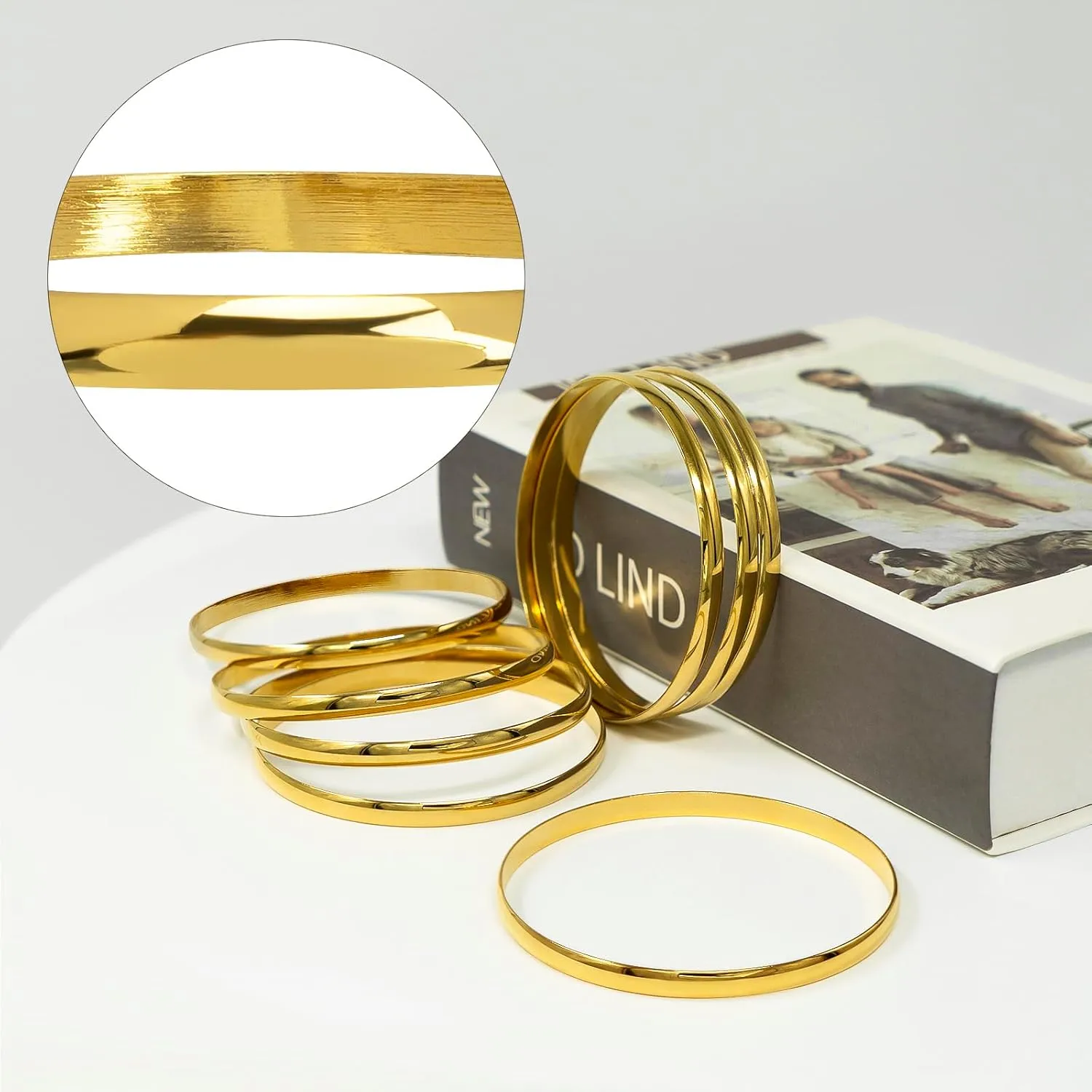 Linkidea Plus Size Bangle Bracelets Set for Women, Set of 8 Stainless Steel Extra Large Round Bangles