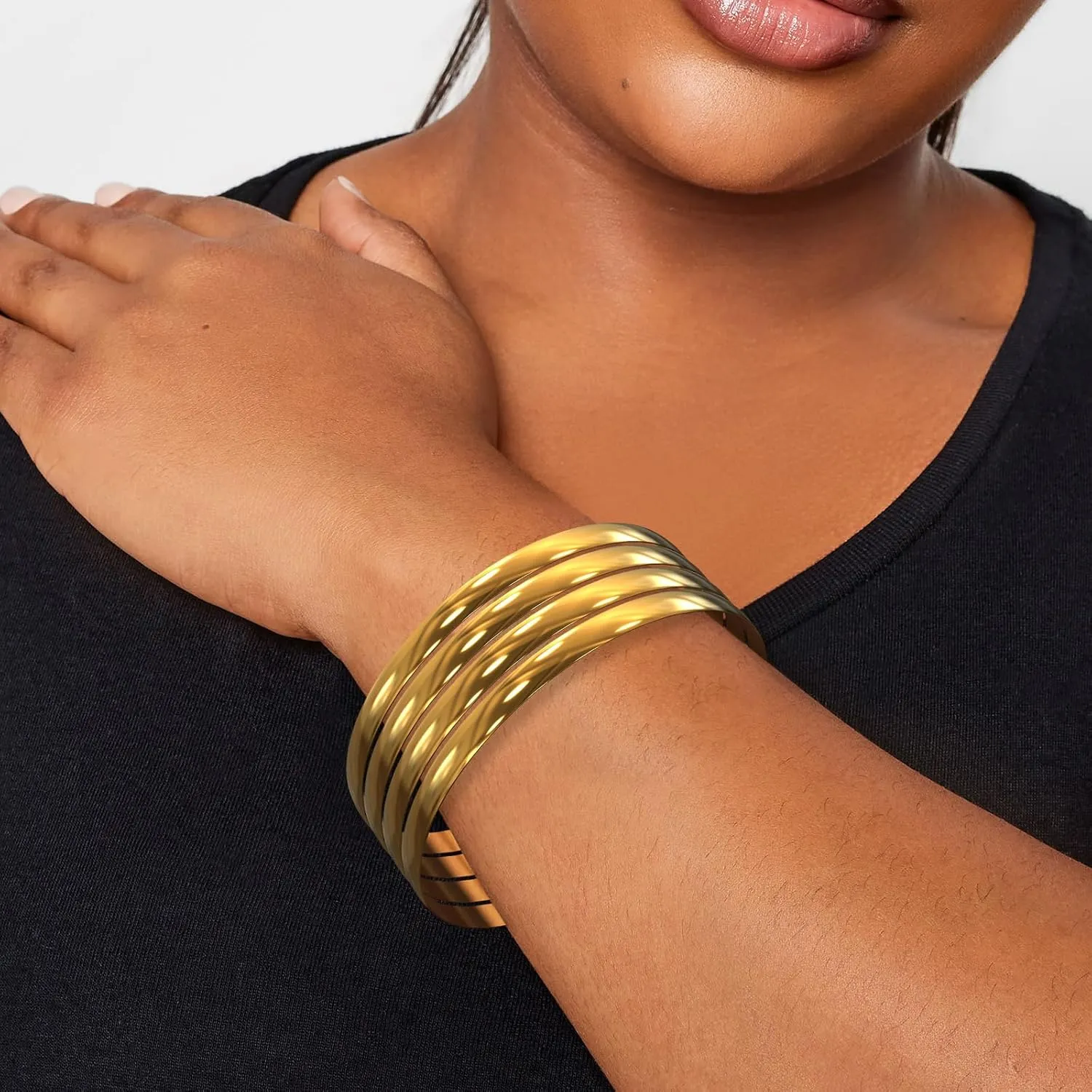 Linkidea Plus Size Bangle Bracelets Set for Women, Set of 8 Stainless Steel Extra Large Round Bangles