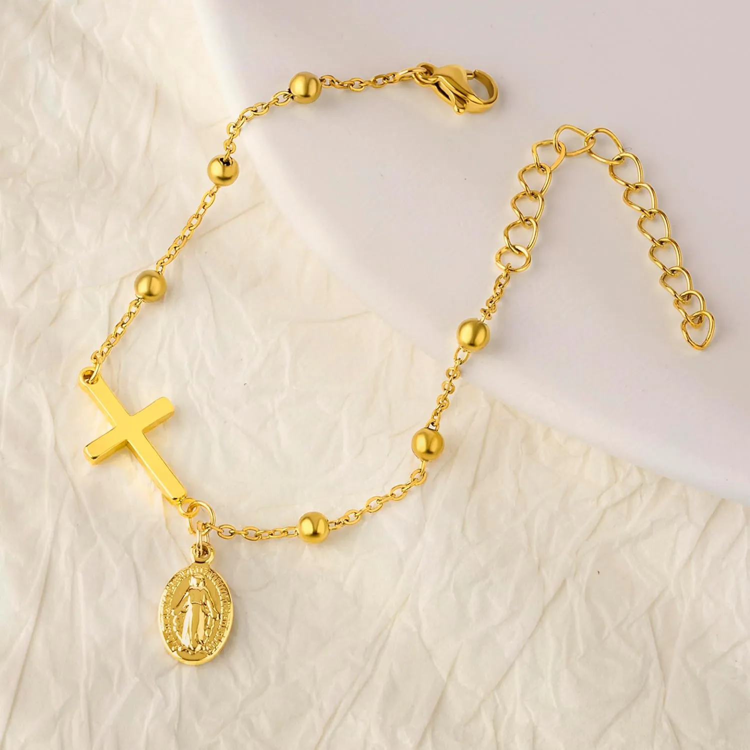 LINY Women's Rosary Bracelet Virgin Mary Cross Confirmation Bracelets for Teens Religious Catholic Jewelry Gifts for Godmother Daughter Baptism Confirmation Gifts