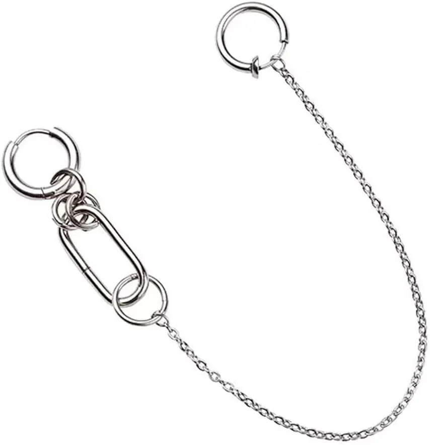 Lip Ring Chain To Ear For Women Men Silver Stainless Steel Nose Lip Ring Clip On Non Piercing Connected Chain Earring For Him Her (Silver)