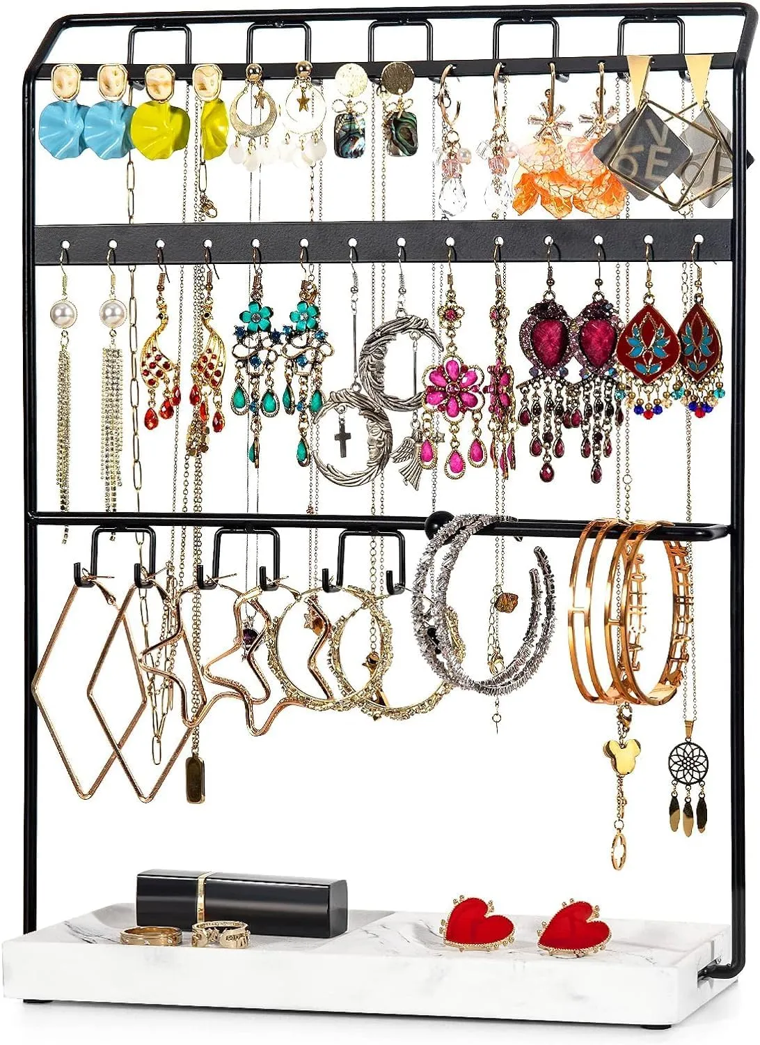 LKKL Jewelry Holder Organizer Stand,jewelry organizer,4-layer earring rack storage rack with base tray, suitable for necklaces, earrings, watches and other accessories.jewelry stand organizer,black.