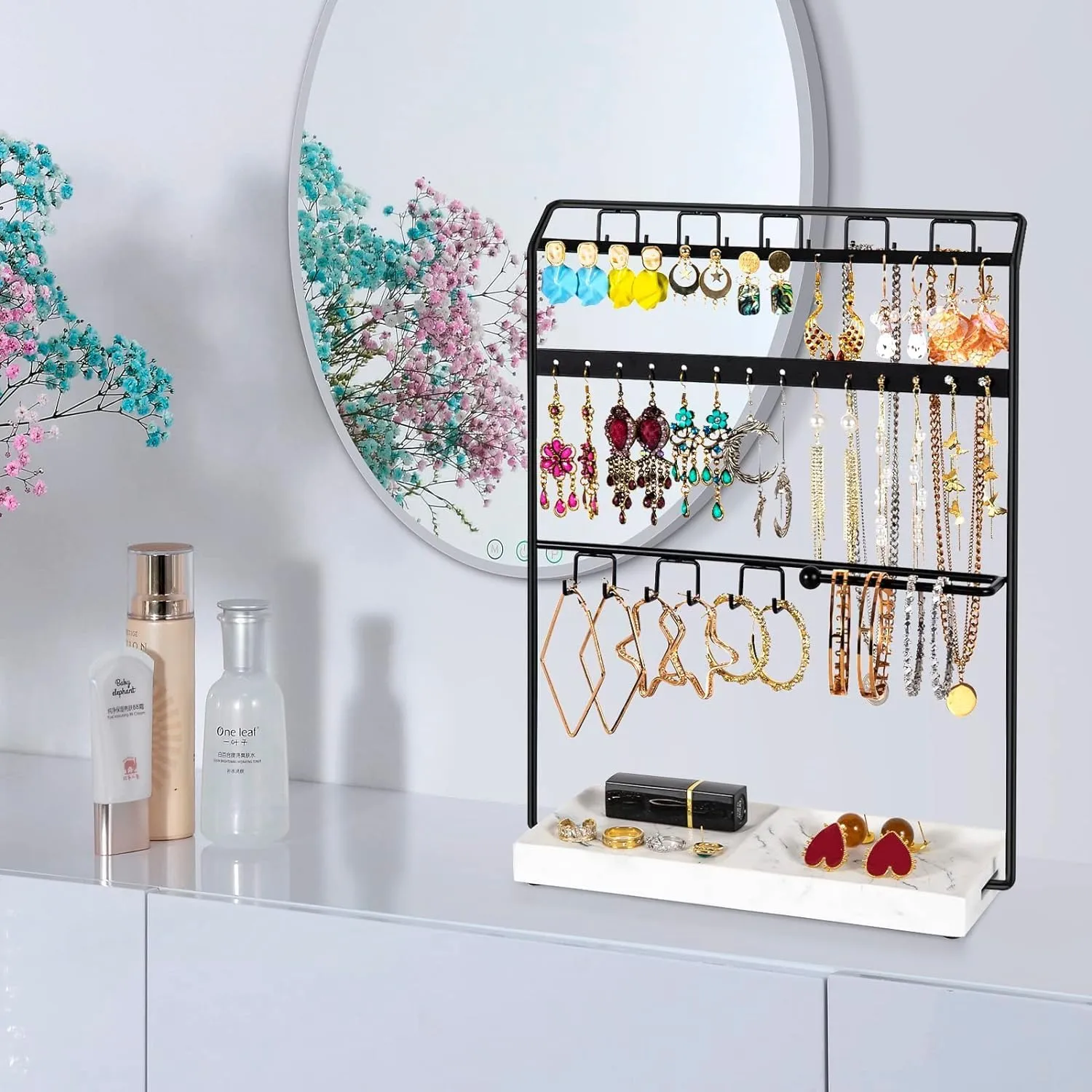 LKKL Jewelry Holder Organizer Stand,jewelry organizer,4-layer earring rack storage rack with base tray, suitable for necklaces, earrings, watches and other accessories.jewelry stand organizer,black.