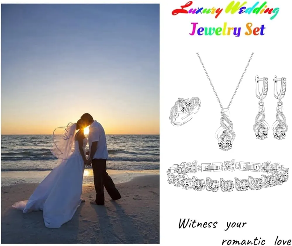 LMXXVJ Jewelry Set for Women,Teardrop Cubic Zirconia Necklace Earrings Adjustable Ring Bracelet Jewelry Set Formal Jewelry Gift