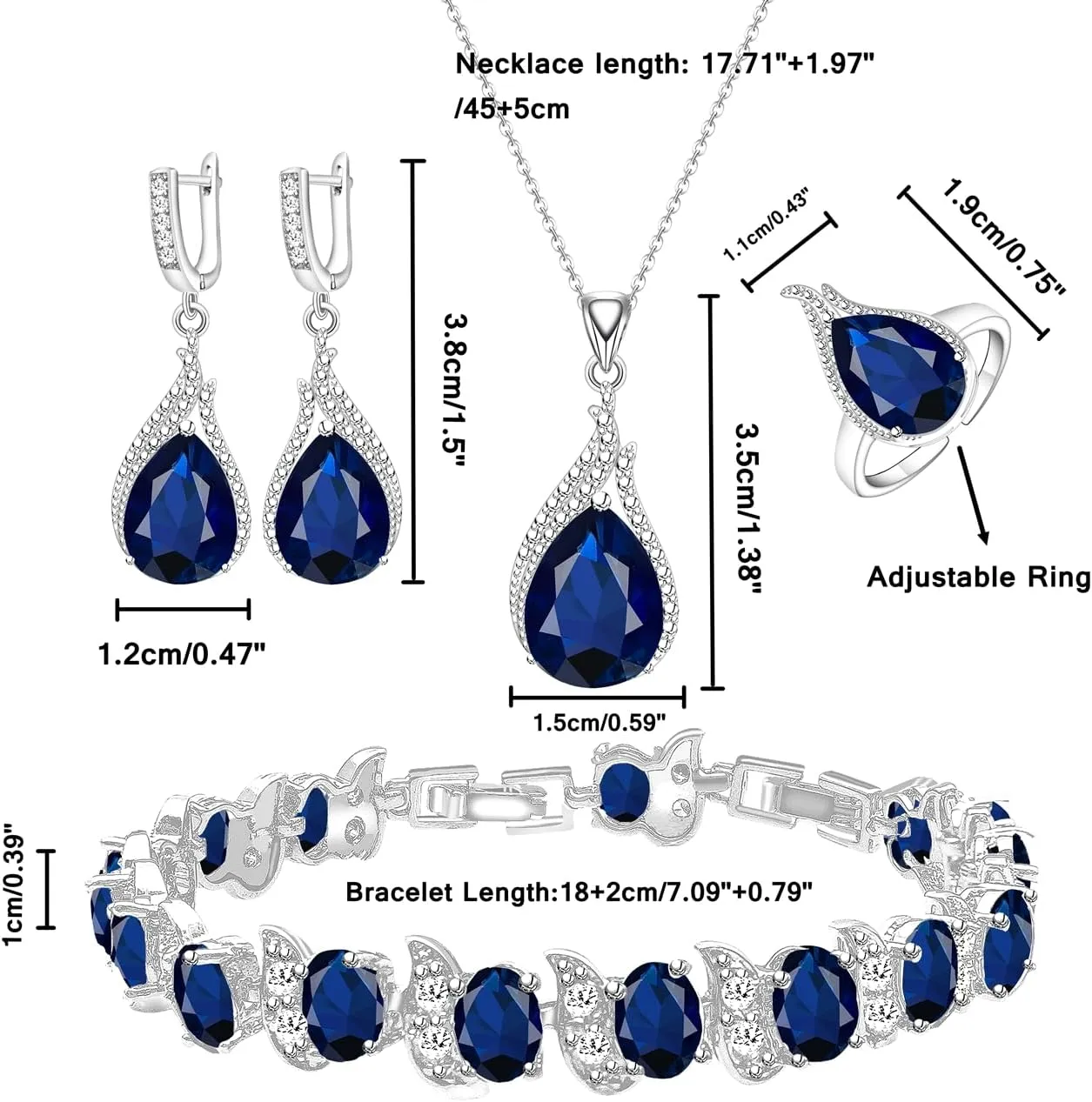 LMXXVJ Jewelry Set for Women,Teardrop Cubic Zirconia Necklace Earrings Adjustable Ring Bracelet Jewelry Set Formal Jewelry Gift
