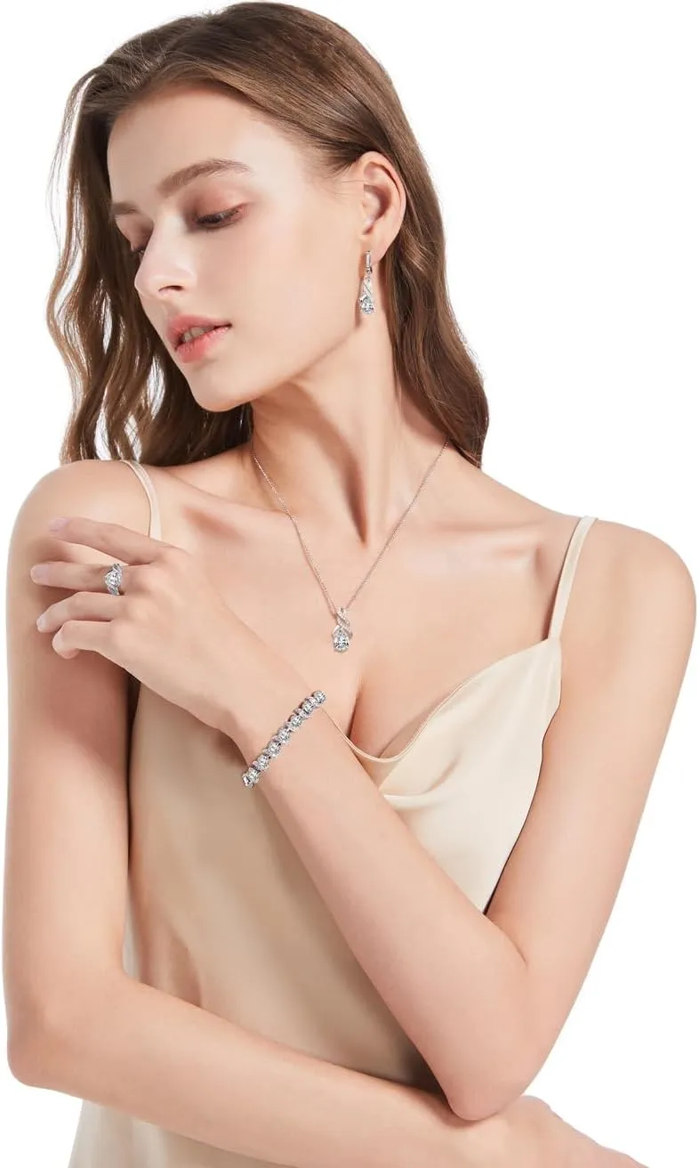 LMXXVJ Jewelry Set for Women,Teardrop Cubic Zirconia Necklace Earrings Adjustable Ring Bracelet Jewelry Set Formal Jewelry Gift