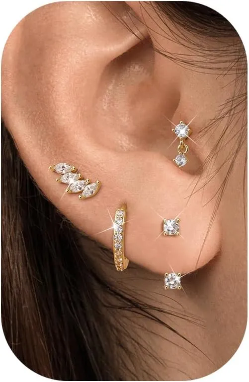 LOLIAS 4 Pairs 14K Gold Stud Earrings for Women - Dainty Hypoallergenic Flat Back Cartilage Earring Sets for Multiple Piercing - Silver Gold Small Dangle Huggie Hoop Stud Earrings Stacks