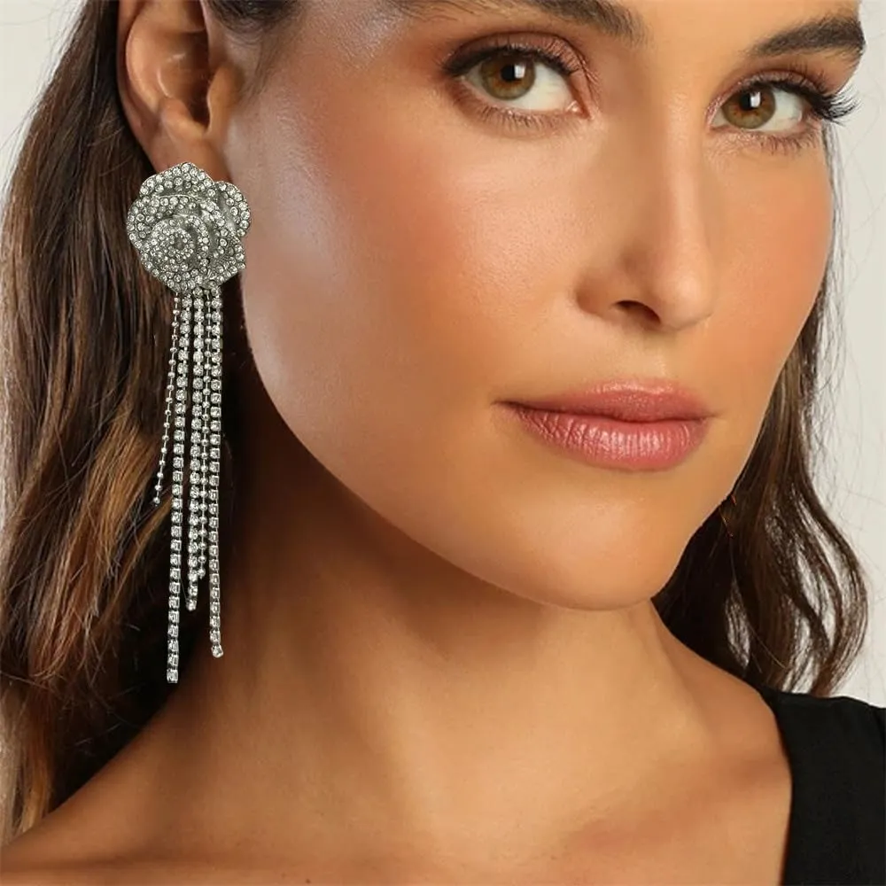 Long Crystal Flower Tassel Drop Dangle Earrings for Women Girls Cubic Zirconia Hypoallergenic Shiny Rose Camellia Fringe Ball Chain Statement Charms Earring Exaggerated Fashion Holiday Valentine Wedding Jewelry Gifts