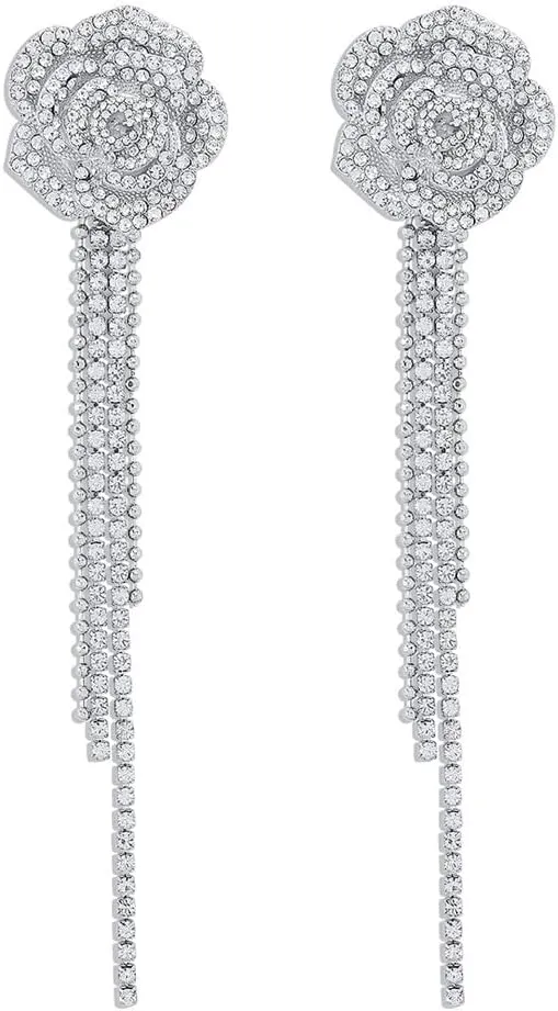 Long Crystal Flower Tassel Drop Dangle Earrings for Women Girls Cubic Zirconia Hypoallergenic Shiny Rose Camellia Fringe Ball Chain Statement Charms Earring Exaggerated Fashion Holiday Valentine Wedding Jewelry Gifts