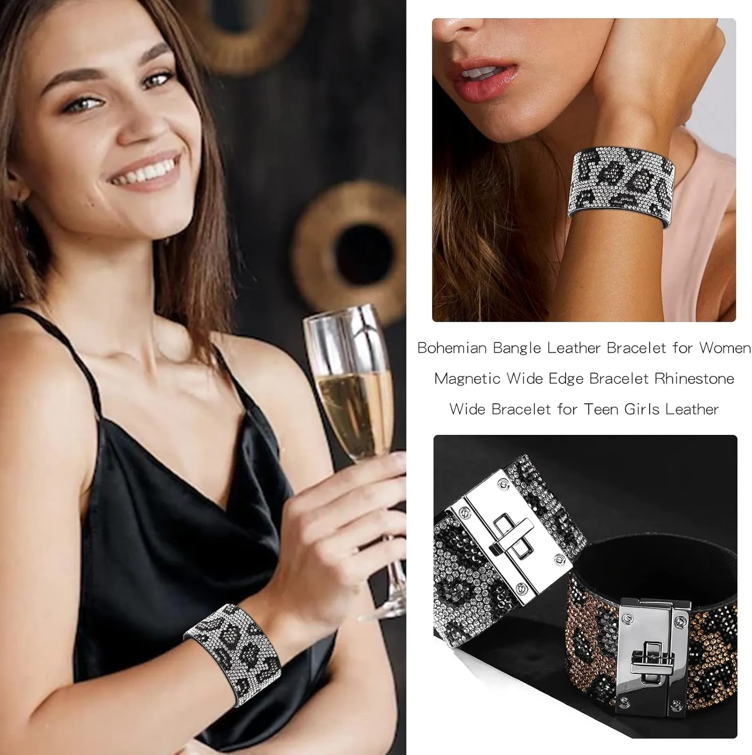 Long tiantian Bracelets for Women Trendy Boho Jewelry for Women Rhinestone Cuff Bangle Bracelets for Women Boho Leather Wrap Bracelets Christmas Gifts Stocking Stuffers