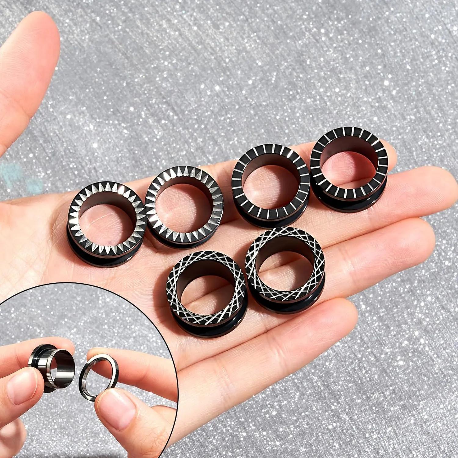 Longbeauty 3 Pairs Black Gauges for Ears 316L Stainless Steel Ear Tunnels Plugs with Unique Line Ear Stretchers Earrings for Women Men