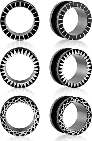 Longbeauty 3 Pairs Black Gauges for Ears 316L Stainless Steel Ear Tunnels Plugs with Unique Line Ear Stretchers Earrings for Women Men