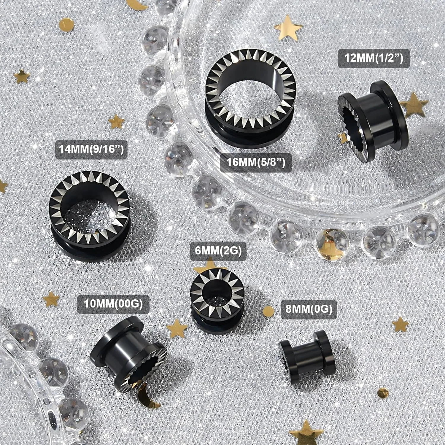 Longbeauty 3 Pairs Black Gauges for Ears 316L Stainless Steel Ear Tunnels Plugs with Unique Line Ear Stretchers Earrings for Women Men