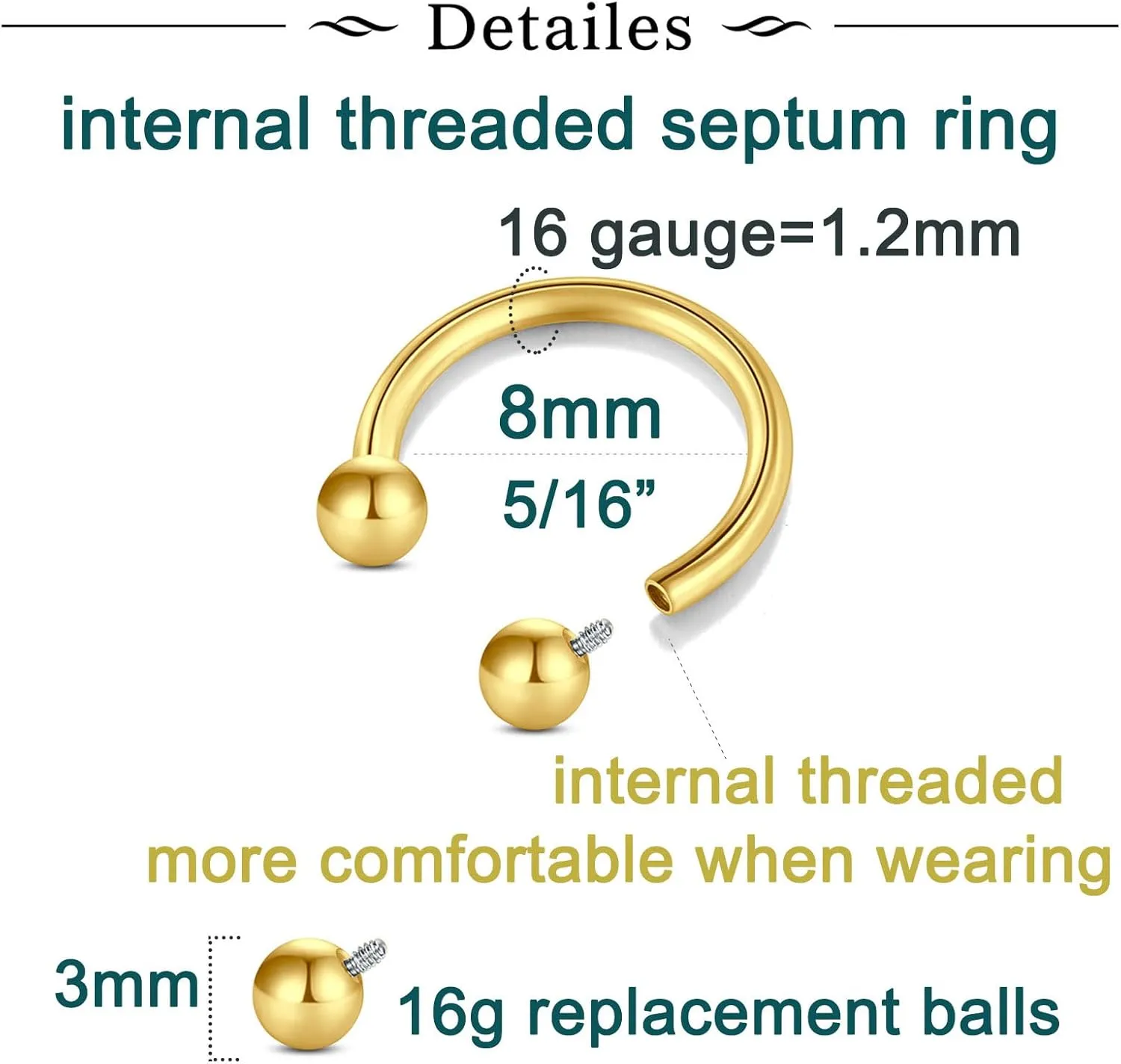 Longita Internally Threaded Septum Ring Silver Black Gold Septum Rings 16G Septum Piercing Surgical Steel Septum Jewelry Septum Nose Rings 16 Gauge Small Septum Ring Horseshoe with Replacement Balls