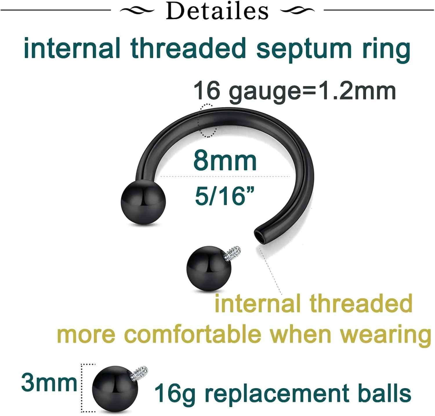 Longita Internally Threaded Septum Ring Silver Black Gold Septum Rings 16G Septum Piercing Surgical Steel Septum Jewelry Septum Nose Rings 16 Gauge Small Septum Ring Horseshoe with Replacement Balls