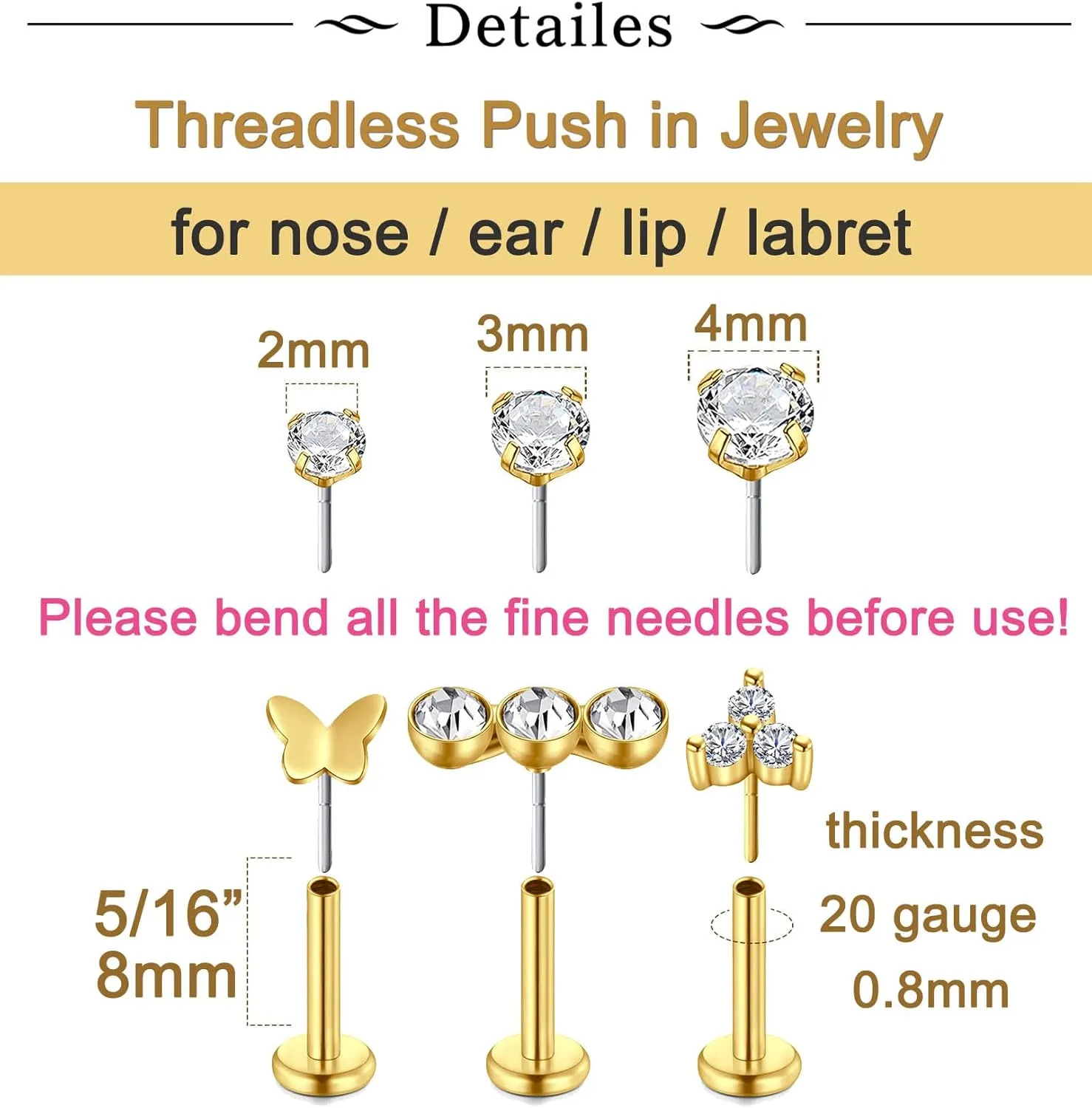 Longita Threadless Nose Stud 20g Flat Back Gold Cartilage Earring Silver Helix Earrings 20 Gauge Push in With Backs Nose Rings Hoops Piercing Taper