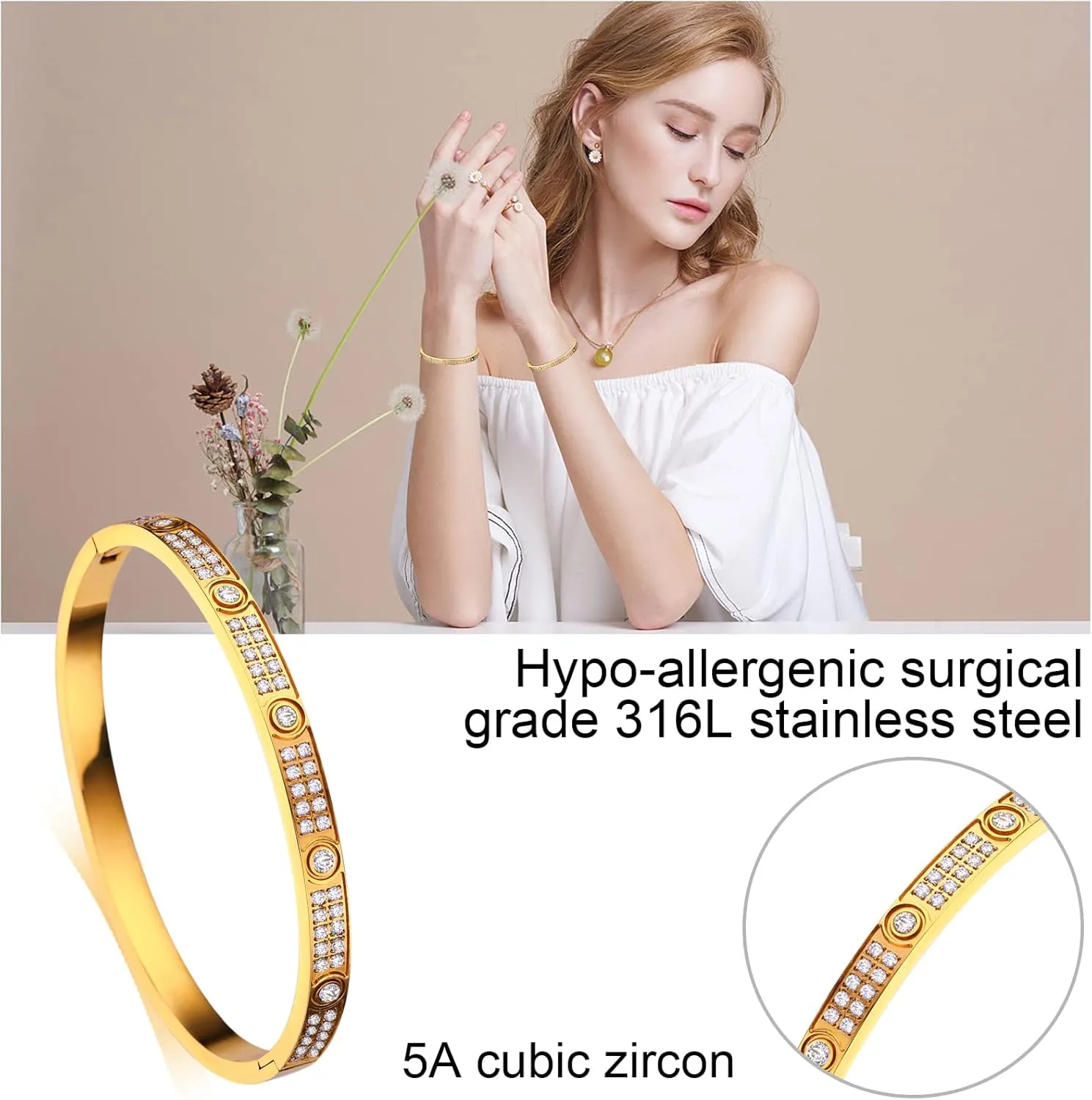 Love Friendship Bracelets Bangle Gold Silver with Cubic Zirconia Stainless Steel Jewelry Oval Bracelet Birthday for Her Women with Gifts Box
