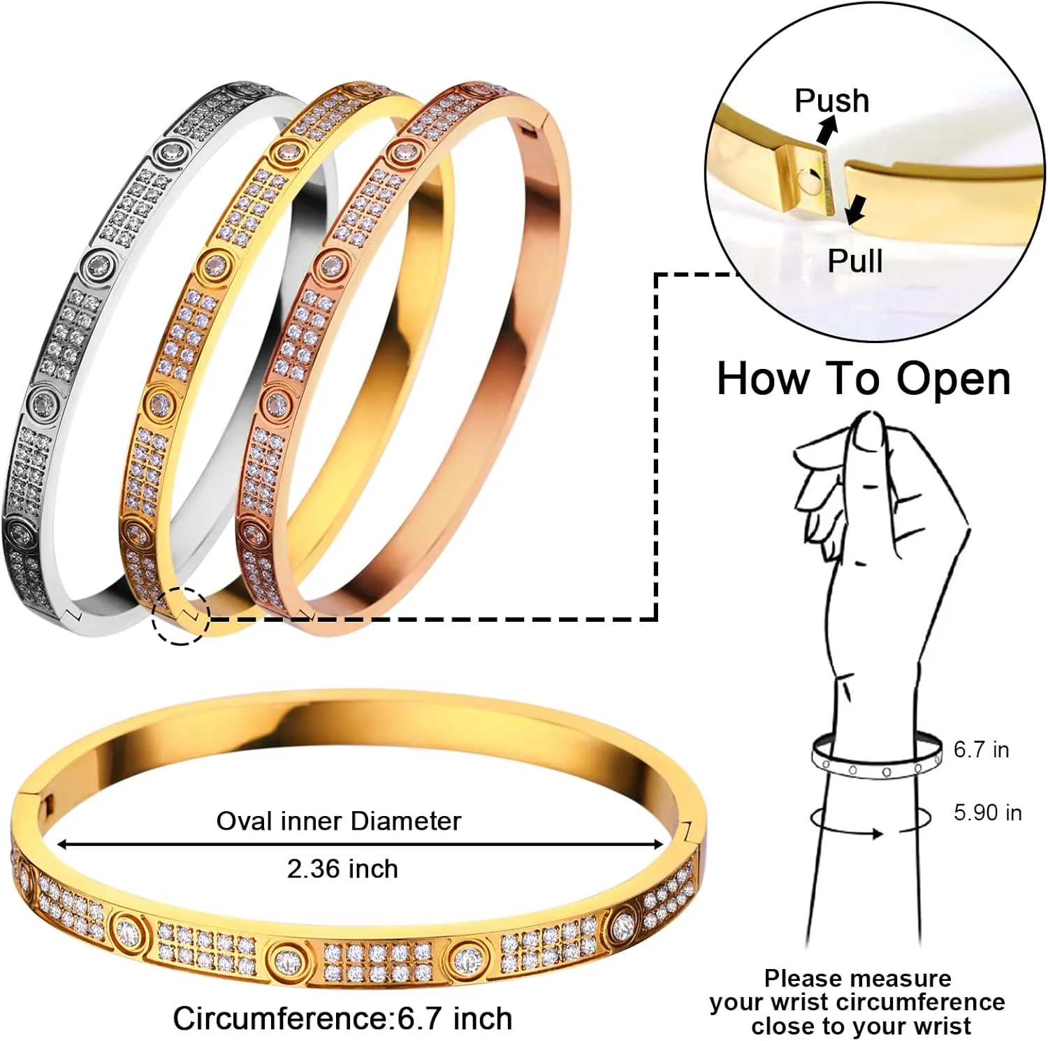 Love Friendship Bracelets Bangle Gold Silver with Cubic Zirconia Stainless Steel Jewelry Oval Bracelet Birthday for Her Women with Gifts Box