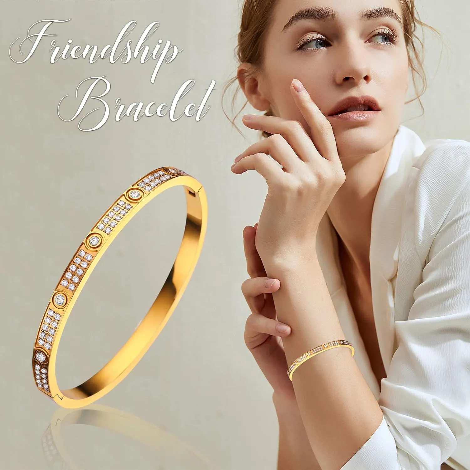 Love Friendship Bracelets Bangle Gold Silver with Cubic Zirconia Stainless Steel Jewelry Oval Bracelet Birthday for Her Women with Gifts Box