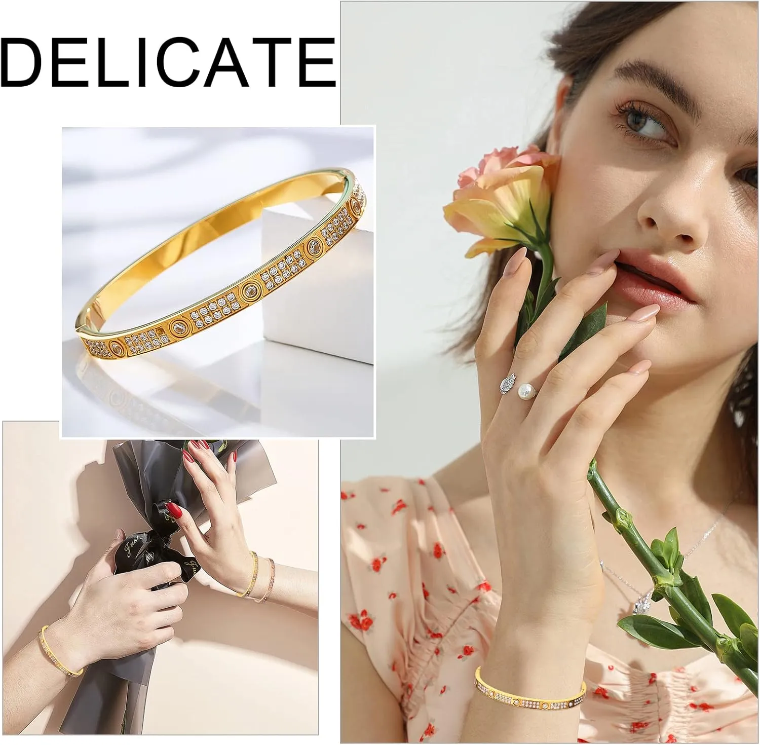 Love Friendship Bracelets Bangle Gold Silver with Cubic Zirconia Stainless Steel Jewelry Oval Bracelet Birthday for Her Women with Gifts Box