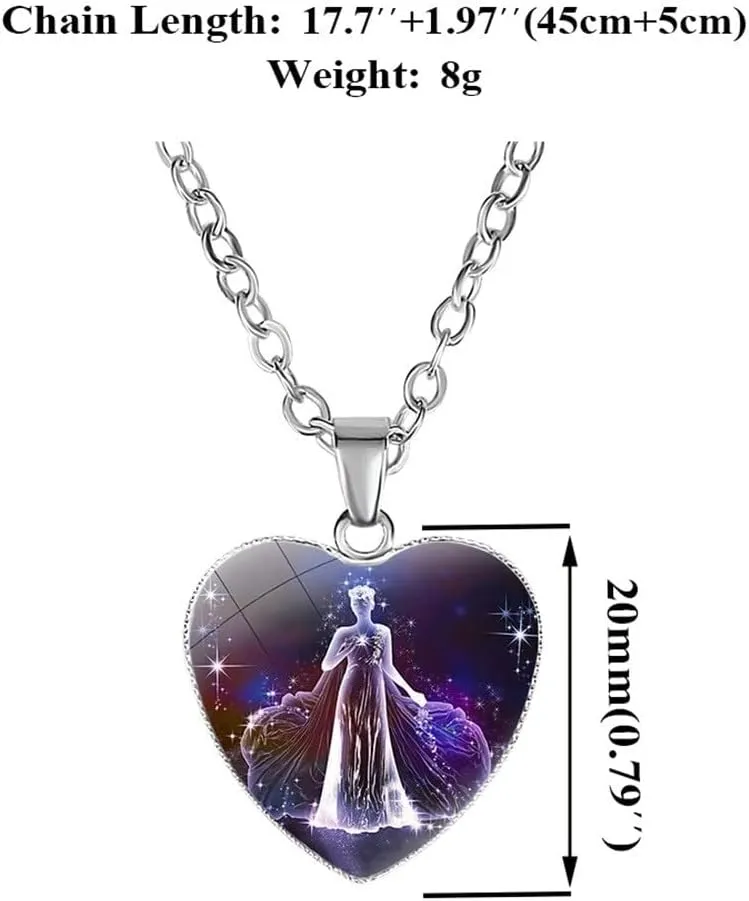 Love Heart Zodiac Necklace Pendant for Women Men Time Gemstone 12 Zodiac Constellation Necklace Birthday Gift Jewelry 2Pcs Set