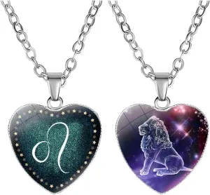 Love Heart Zodiac Necklace Pendant for Women Men Time Gemstone 12 Zodiac Constellation Necklace Birthday Gift Jewelry 2Pcs Set