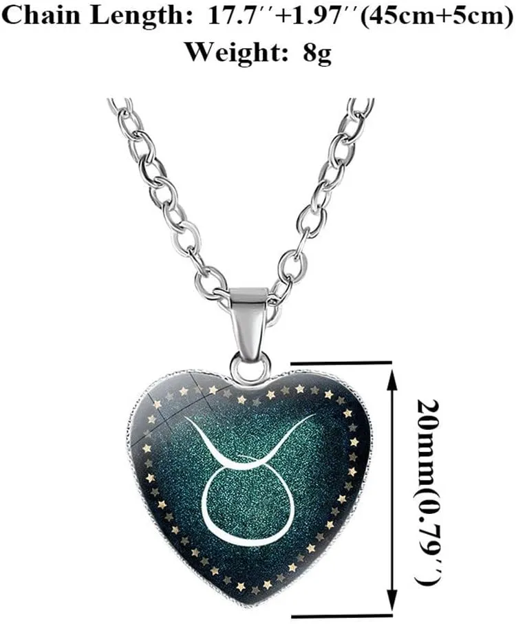 Love Heart Zodiac Necklace Pendant for Women Men Time Gemstone 12 Zodiac Constellation Necklace Birthday Gift Jewelry 2Pcs Set