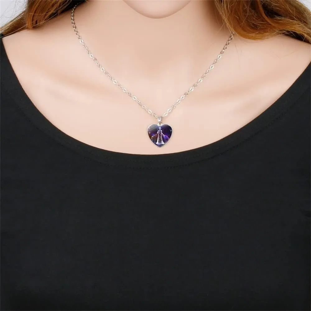 Love Heart Zodiac Necklace Pendant for Women Men Time Gemstone 12 Zodiac Constellation Necklace Birthday Gift Jewelry 2Pcs Set