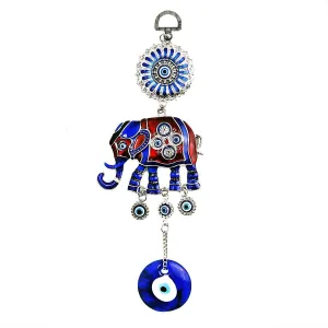 LUCKBOOSTIUM Blue Evil Eye Pendant w/Red & Blue Elephant & Glass Evil Eye Keychain - Protection, Hanging Gemstone - Charms - Amulets of Protection & Blessings - Home, Car, & Office Silver, 3.5 x 9"