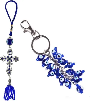 LUCKBOOSTIUM Cross Ornament w/Blue Beads Tassel & Evil Eye Cluster Keychain Charms Combo - Sign of Protection, Blessing, Strength - Home, Bags & Car Rear View Mirror Hanging Accessories