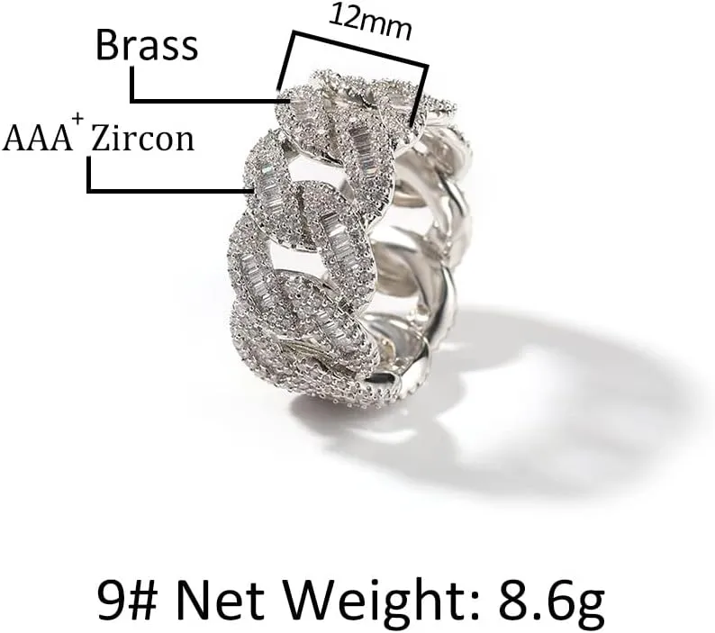 Lulu Mel Iced Out Jewelry Square Diamond Hip Hop Ring, Silver Gold Moon Shaped Cuban Ring,Shiny Baguette Ring For Men Women