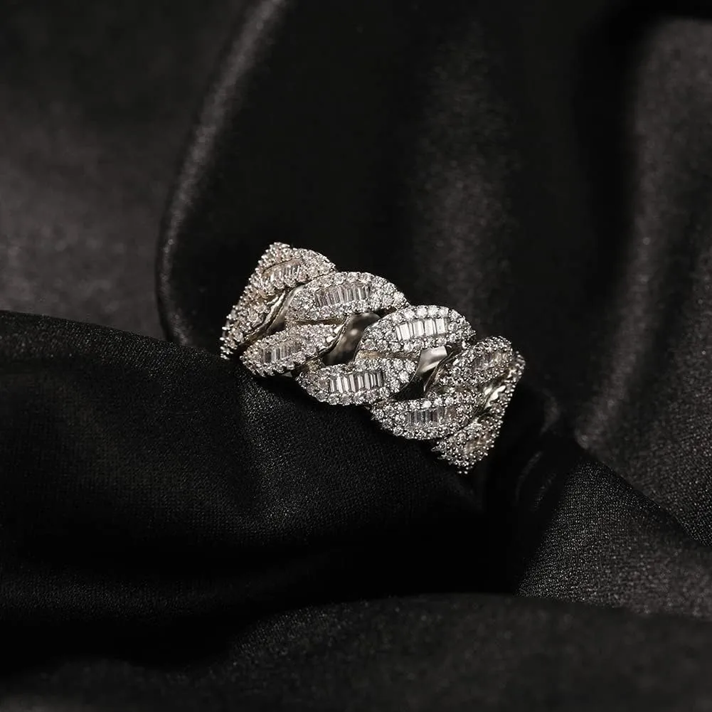 Lulu Mel Iced Out Jewelry Square Diamond Hip Hop Ring, Silver Gold Moon Shaped Cuban Ring,Shiny Baguette Ring For Men Women
