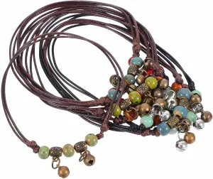 LUOZZY 10 Pcs Artistic Adjustable Bohemian Braided Anklet with Porcelain Beads Handcrafted Jewelry for Summer Beach Women and Girls