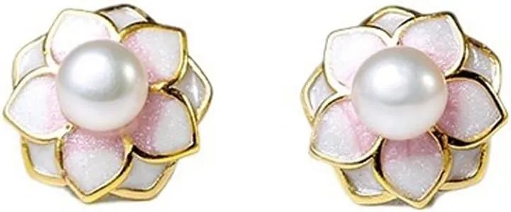Luxury Flower Pearl Stud Earrings for Women Sterling Silver Handpicked White Freshwater Cultured Pearl Earrings Studs Camellia Earrings 14K Gold Plated