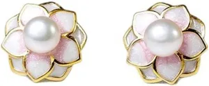 Luxury Flower Pearl Stud Earrings for Women Sterling Silver Handpicked White Freshwater Cultured Pearl Earrings Studs Camellia Earrings 14K Gold Plated