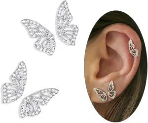 Luxval Butterfly Wing Earrings18K Gold Plated CZ Simulated Diamond Silver Stud Earrings, Tiny Butterfly Cartilage Earrings for women,Gold Stud Earrings for Girls