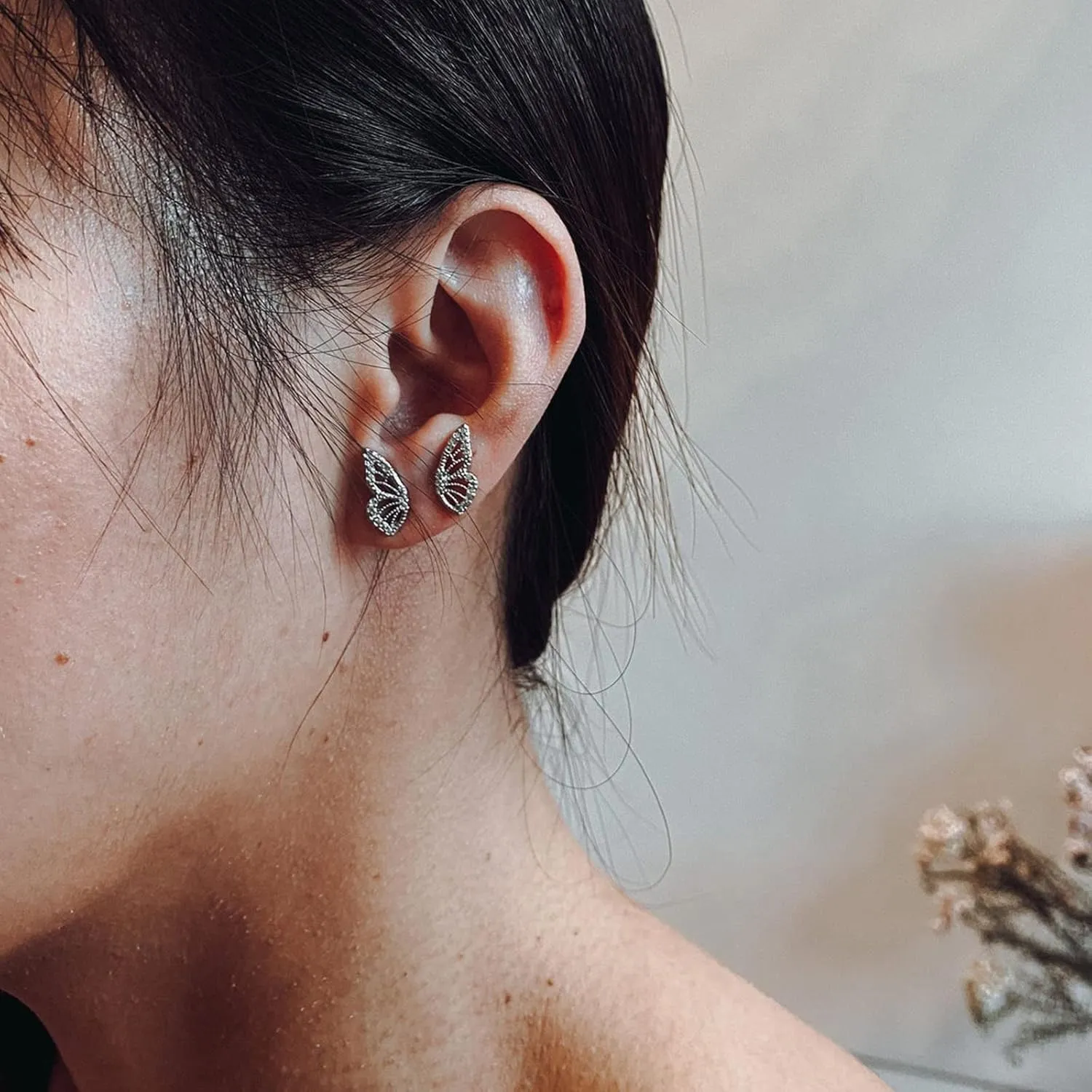 Luxval Butterfly Wing Earrings18K Gold Plated CZ Simulated Diamond Silver Stud Earrings, Tiny Butterfly Cartilage Earrings for women,Gold Stud Earrings for Girls