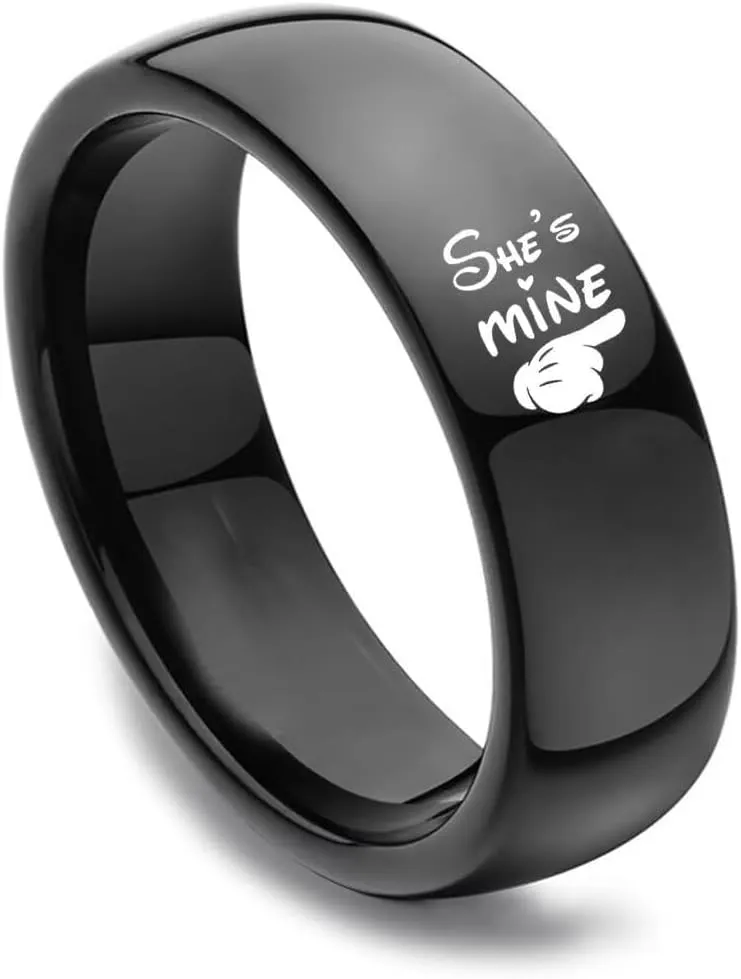 LWJYX He's Mine She's Mine Couple Ring Anniversary Promise Wedding Bands Stainless Steel Lovers Ring 6mm Black Size 6-13