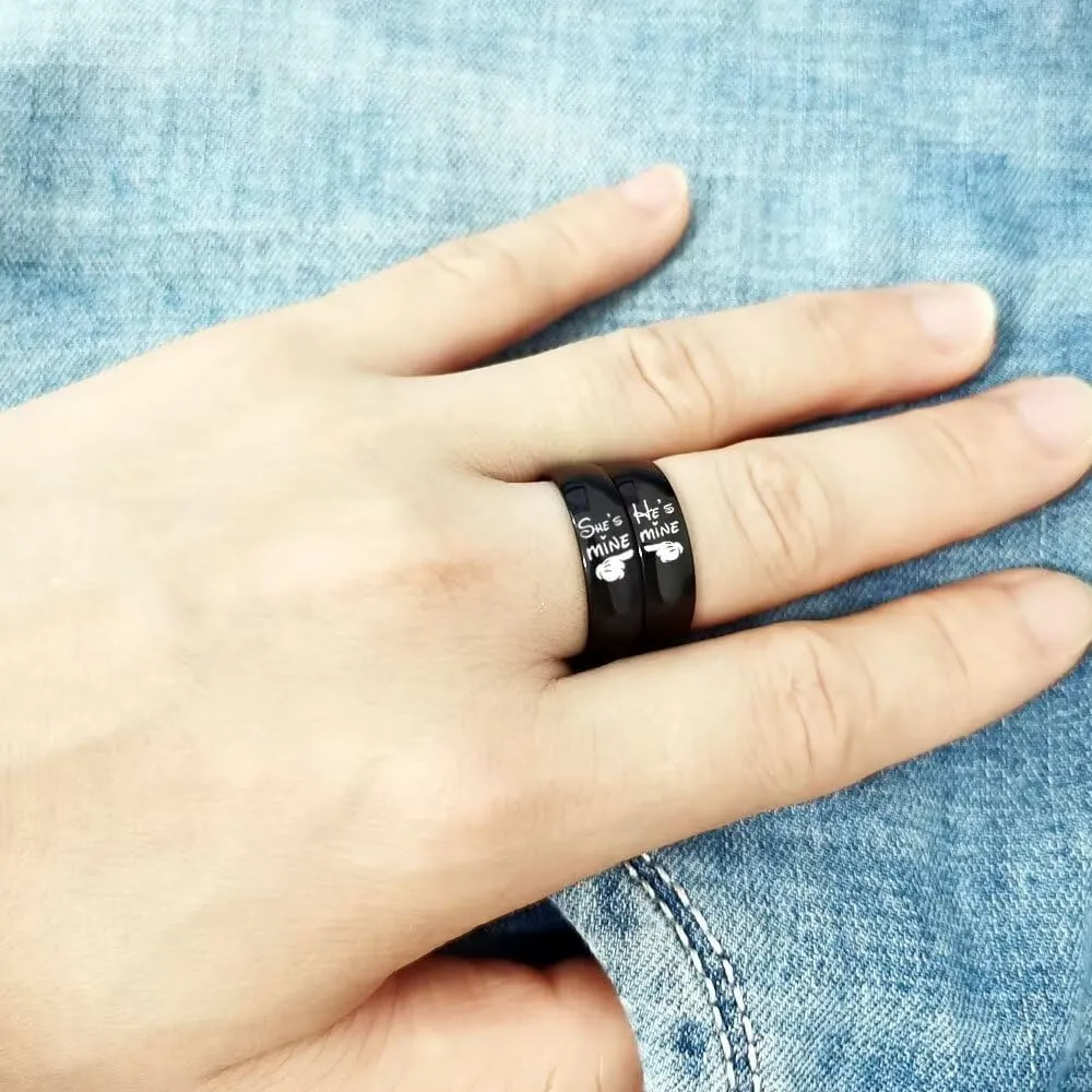 LWJYX He's Mine She's Mine Couple Ring Anniversary Promise Wedding Bands Stainless Steel Lovers Ring 6mm Black Size 6-13
