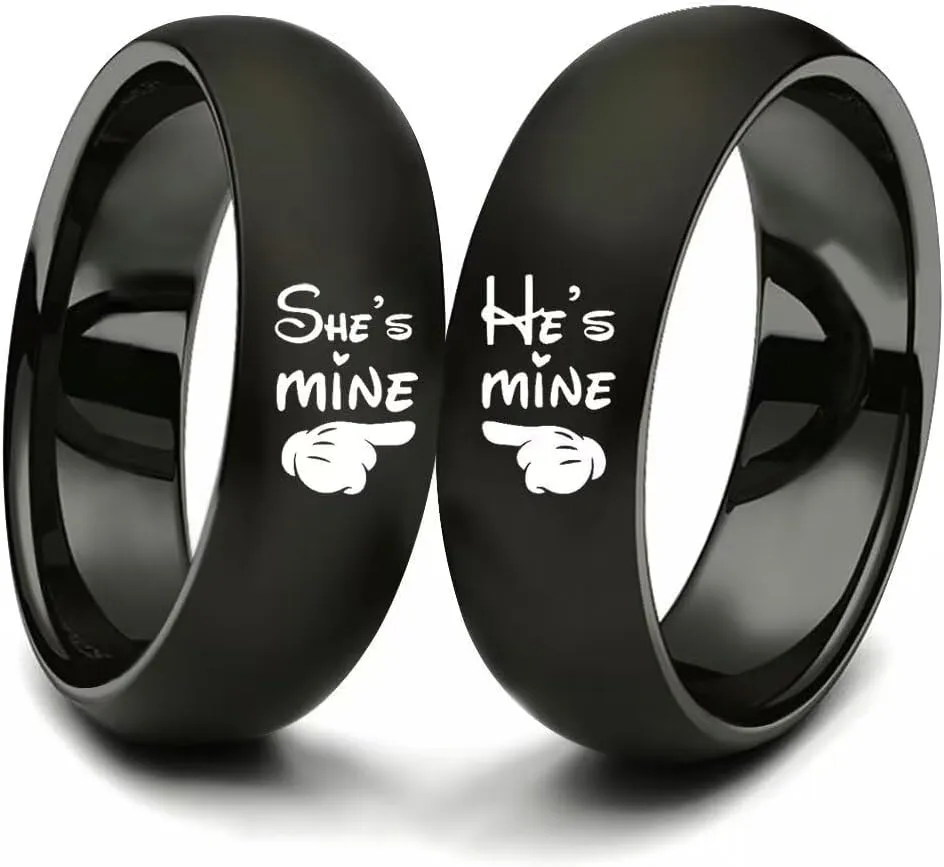 LWJYX He's Mine She's Mine Couple Ring Anniversary Promise Wedding Bands Stainless Steel Lovers Ring 6mm Black Size 6-13